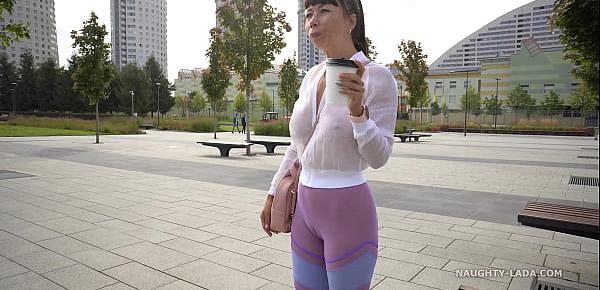  Transparent leggings and sheer shirt in public
